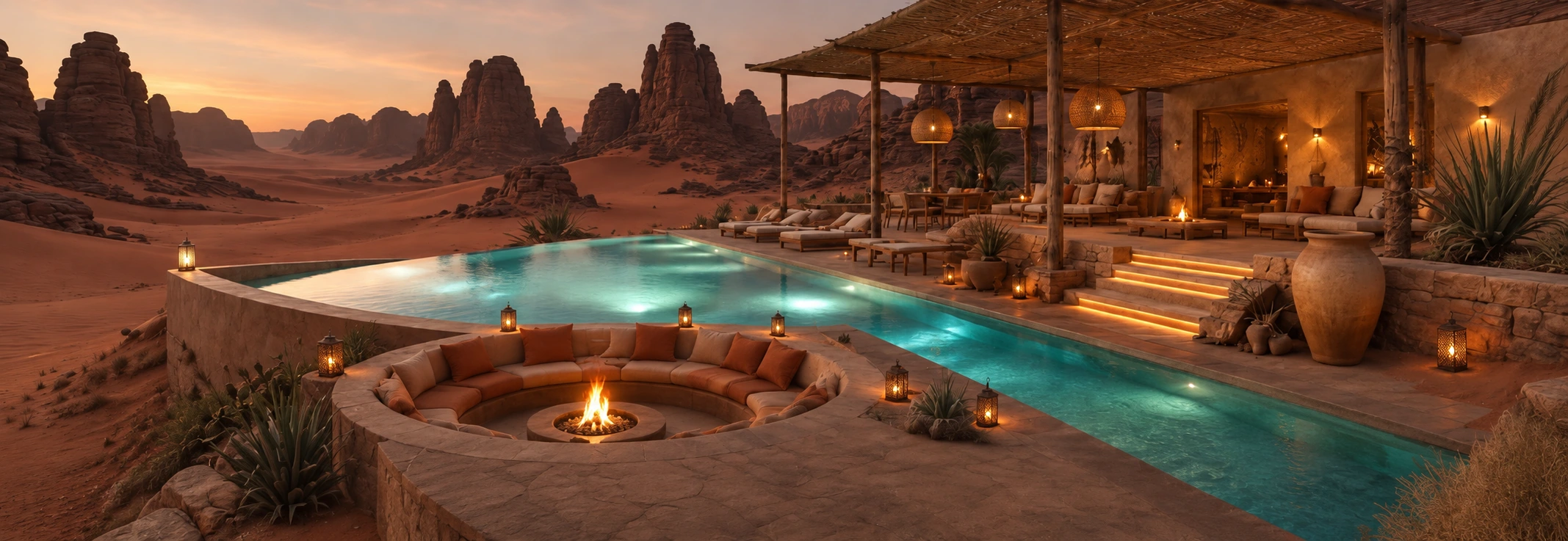 A pool overlooking the vast desert at dusk