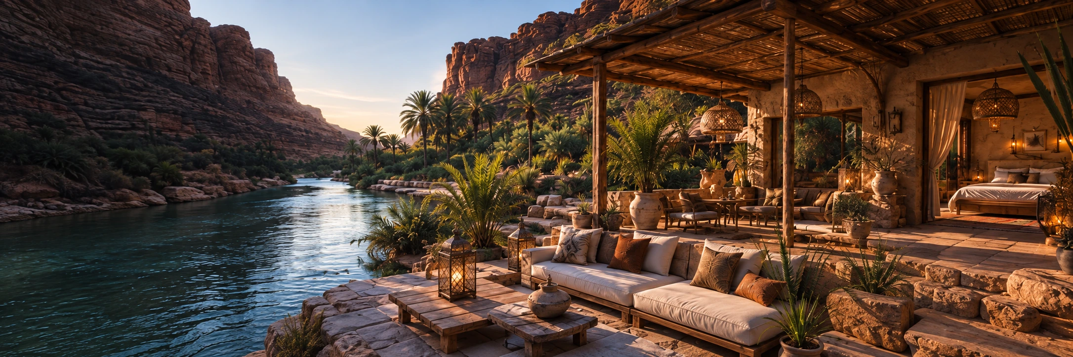 A terrace overlooking water, rock formations and palms