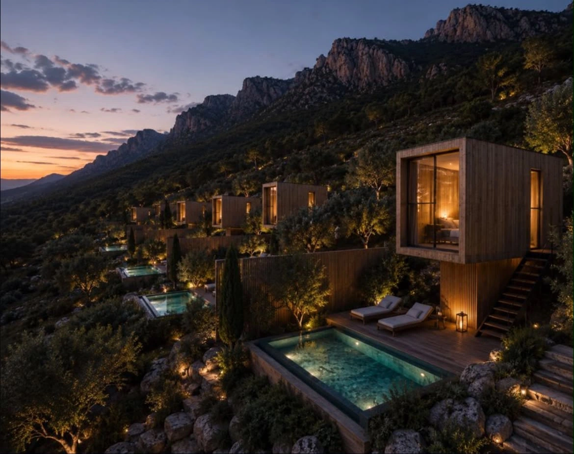 Timber structures following the contours of the mountain landscape
