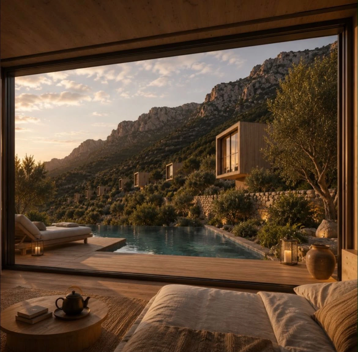 A NOMAYAH suite overlooking mountains, timber lodges and pools