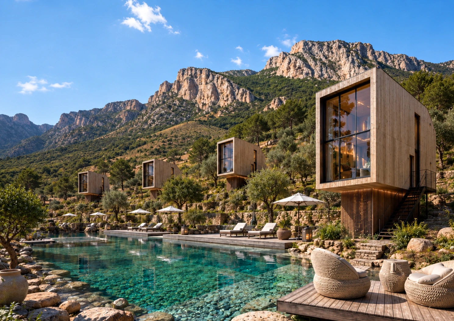 Sunlit timber lodges and pools nestled in the Djurdjura landscape