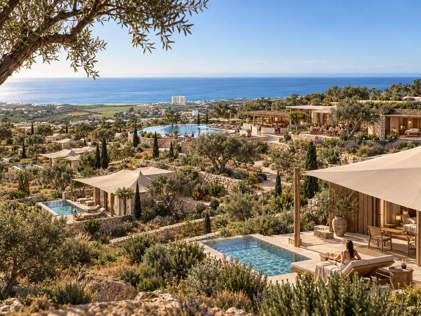 A terraced resort following the coastal landscape
