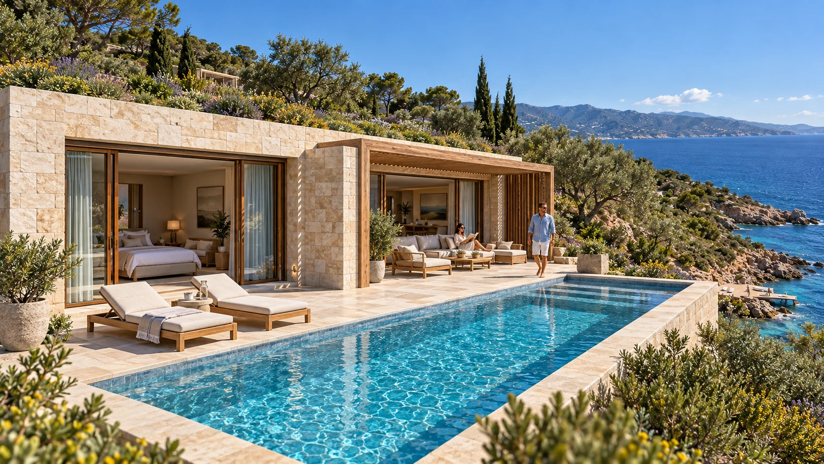 A private villa and pool facing the Mediterranean